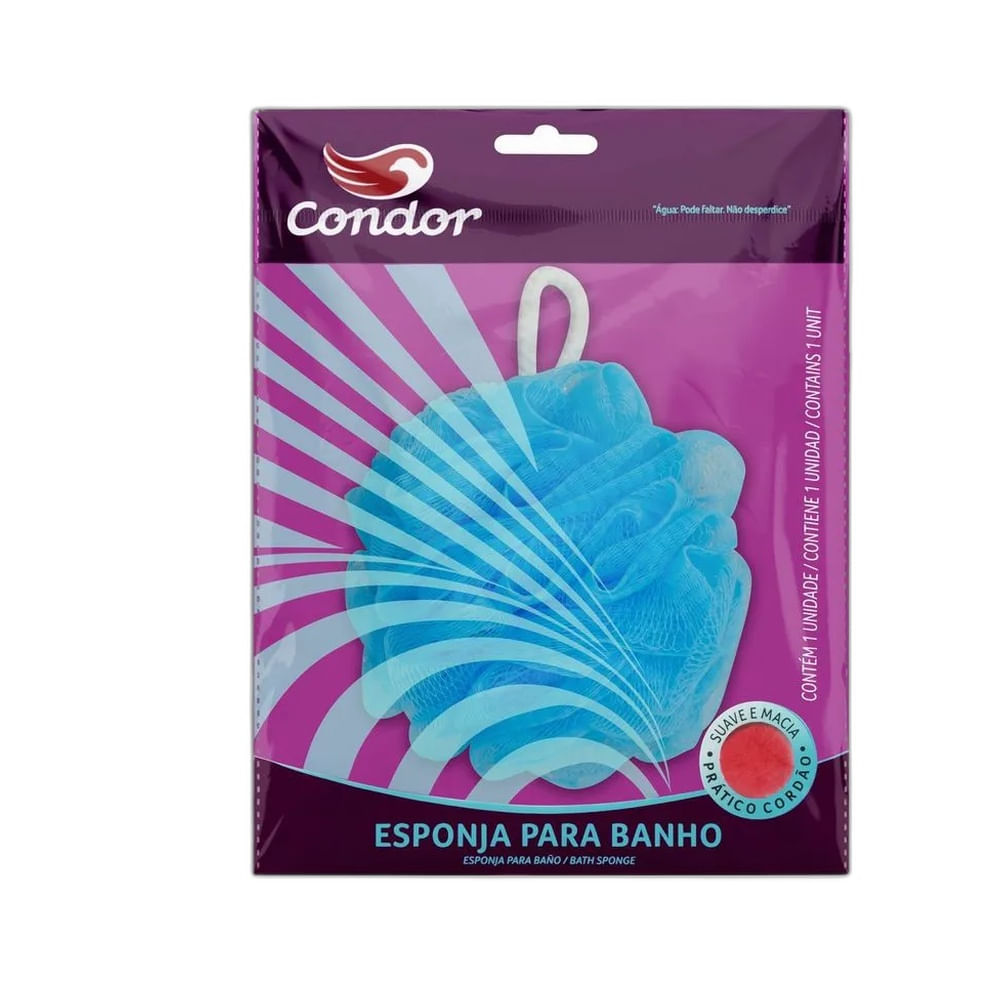 Esponja de banho Condor azul clara com cordão branco em fundo branco